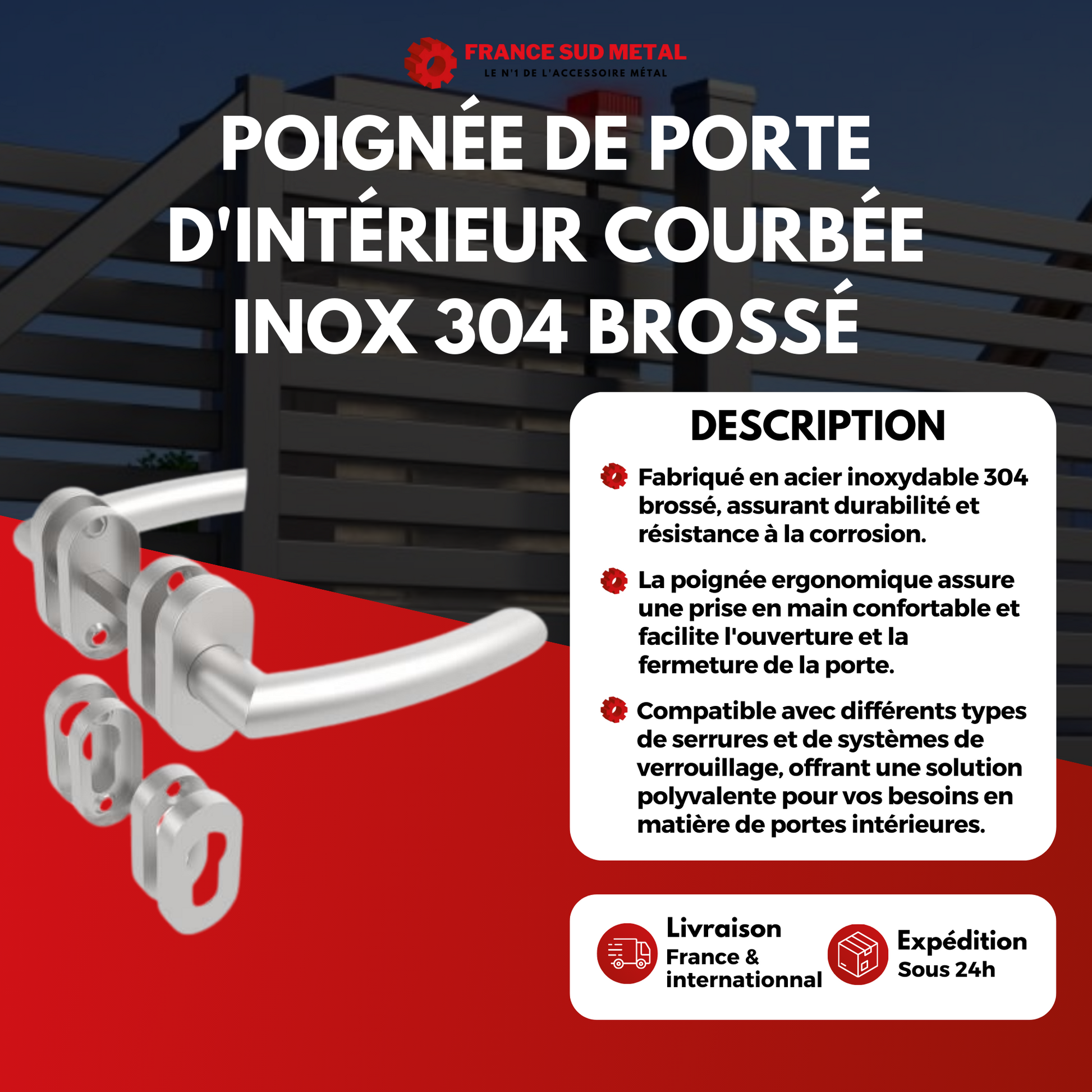 POIGNÉE DE PORTE D'INTÉRIEUR COURBÉE INOX 304 BROSSÉ