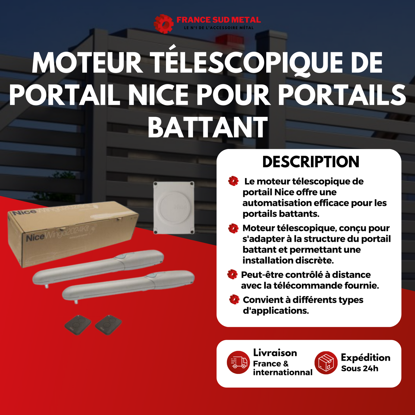 MOTEUR TÉLESCOPIQUE DE PORTAIL NICE POUR PORTAILS BATTANT 