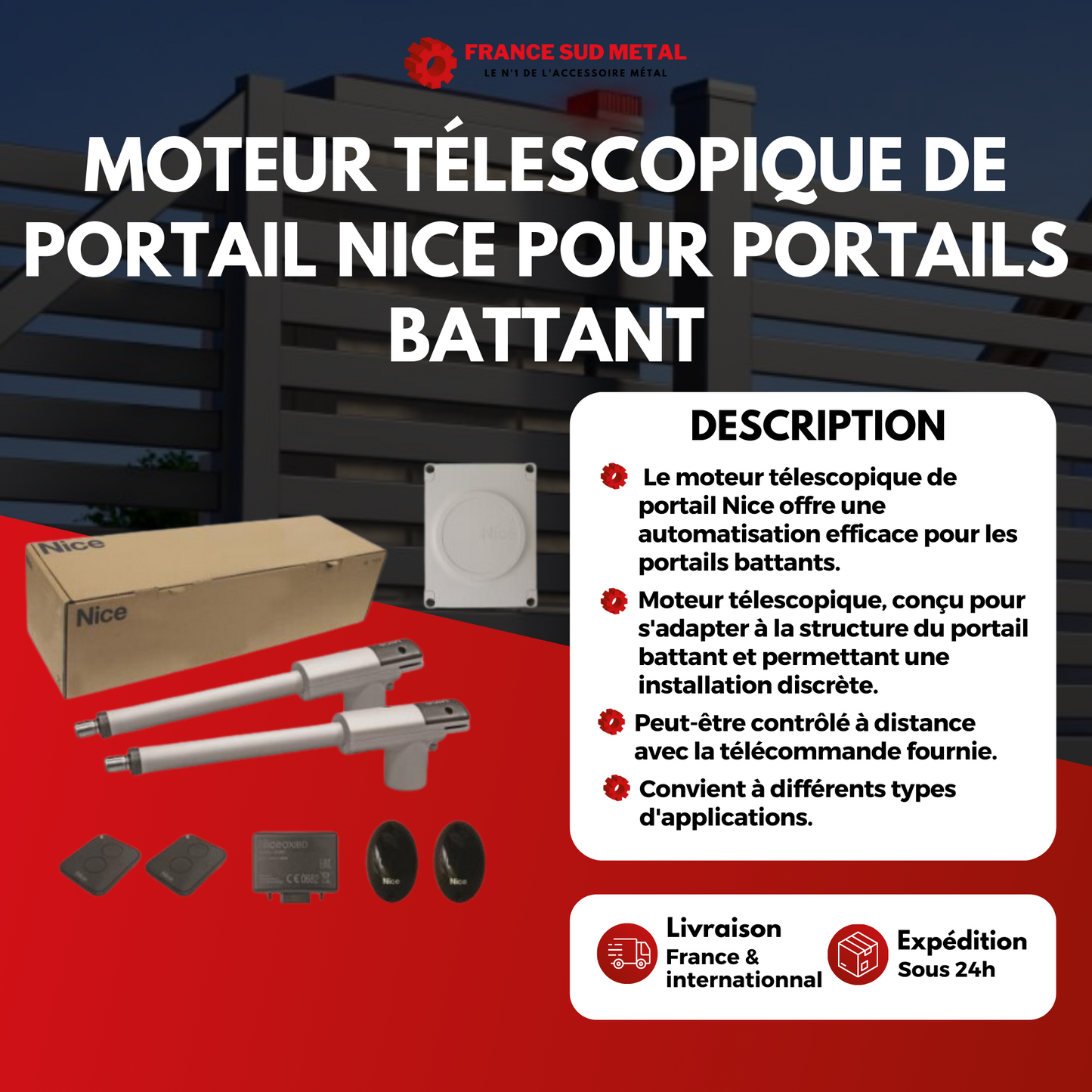 MOTEUR TÉLESCOPIQUE DE PORTAIL NICE POUR PORTAILS BATTANT