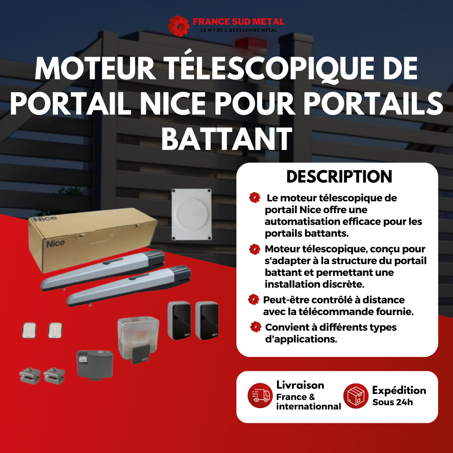 MOTEUR TÉLESCOPIQUE DE PORTAIL NICE POUR PORTAILS BATTANT -2