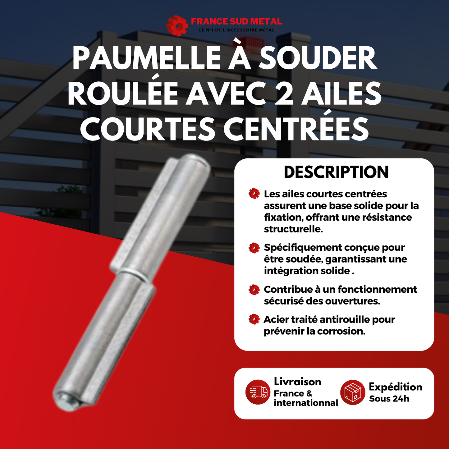 Paumelle à souder roulée avec 2 ailes courtes centrées - bague et axe en acier 