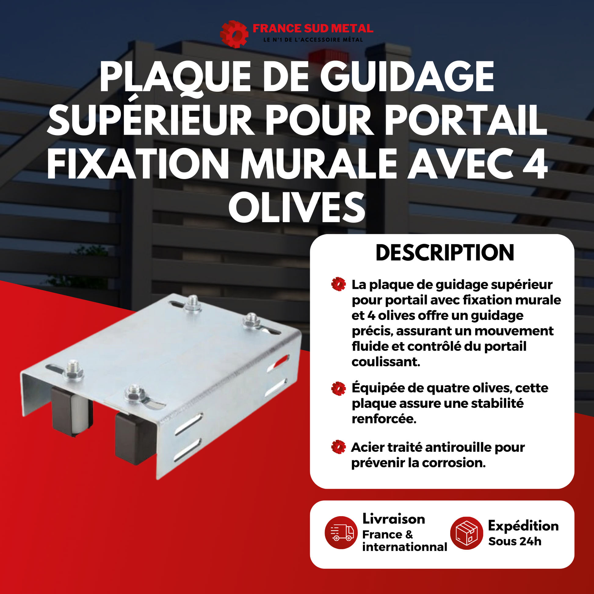 PLAQUE DE GUIDAGE REGLABLE POUR PORTAIL FIXATION MURALE AVEC 4 OLIVES -2