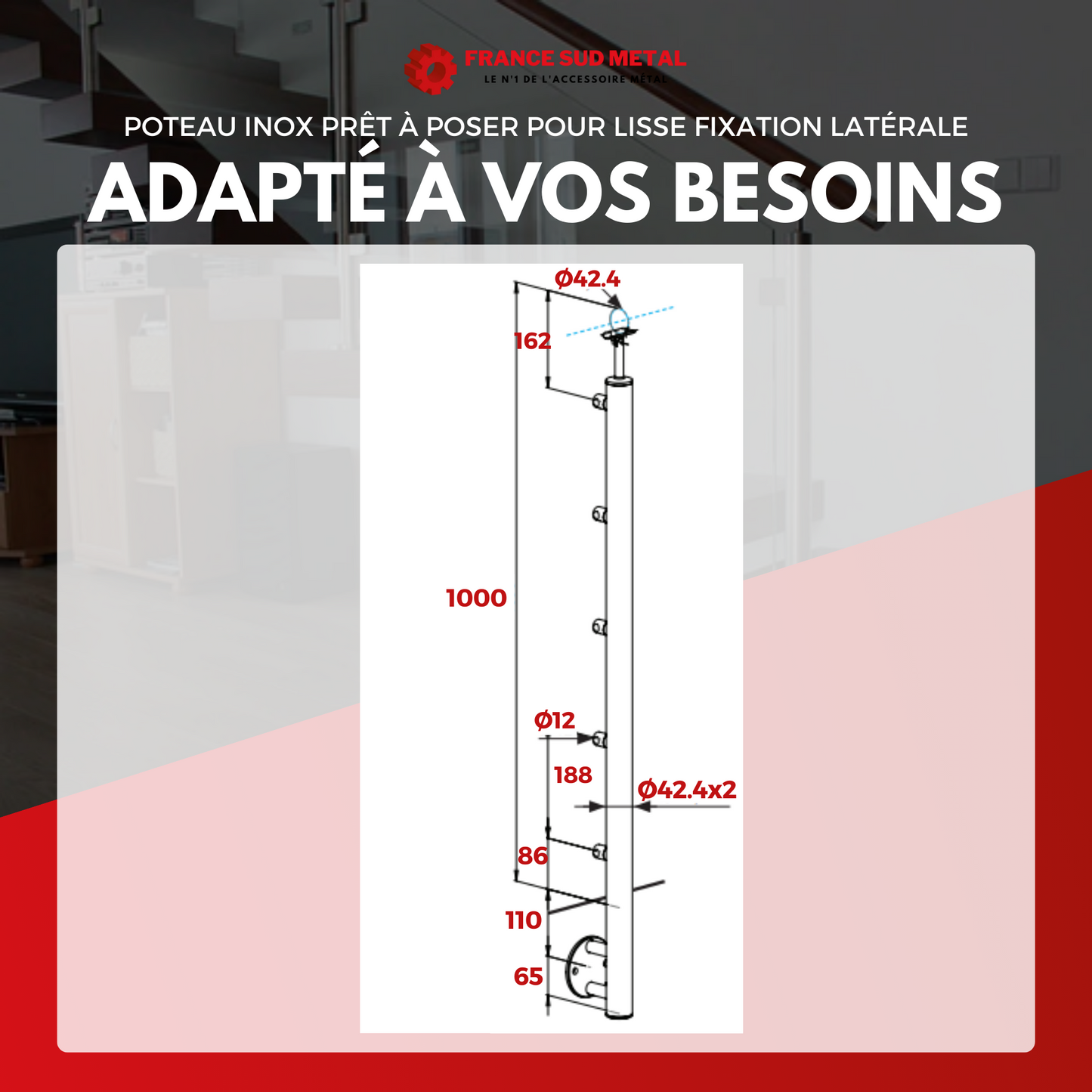 Poteau inox prêt à poser pour lisse fixation latérale -4