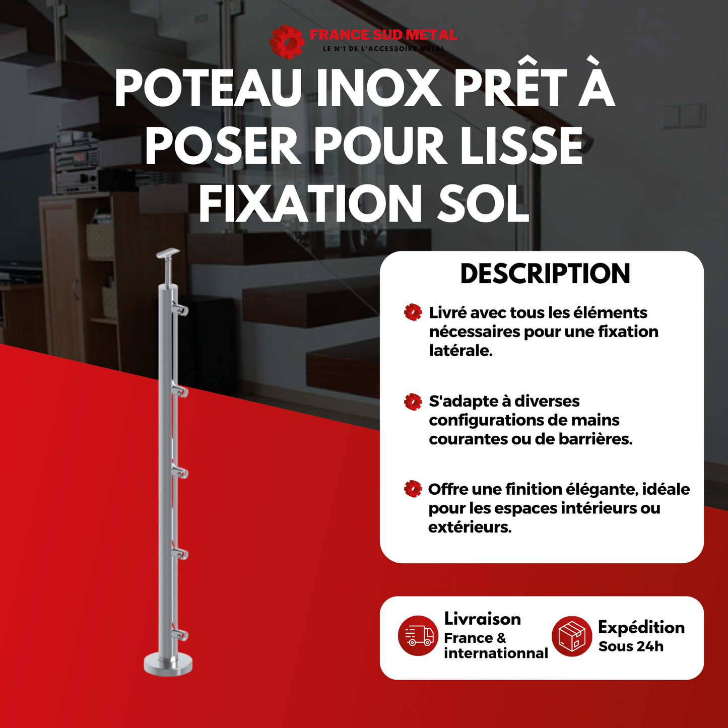 Poteau inox prêt à poser pour lisse fixation sol -2