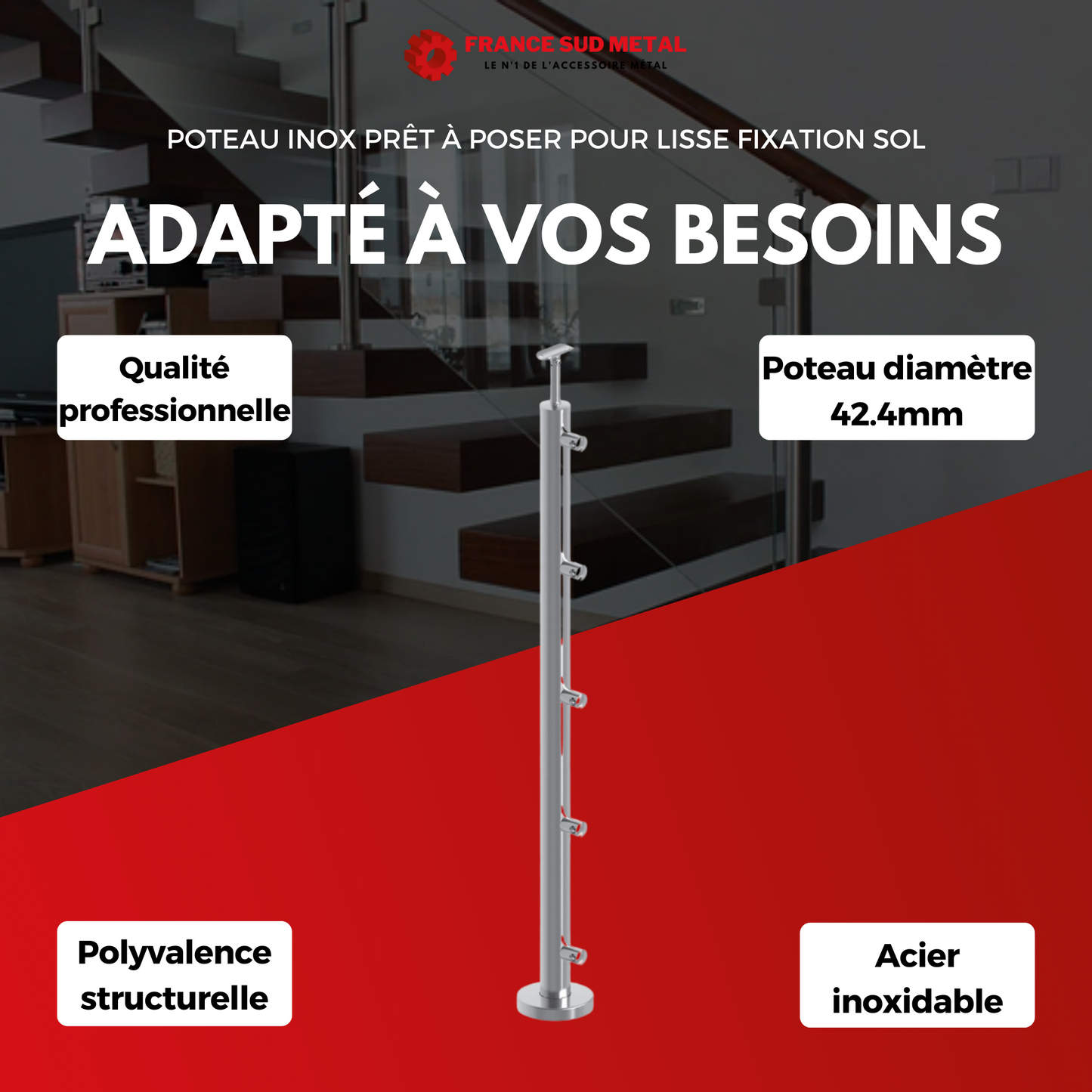 Poteau inox prêt à poser pour lisse fixation sol -3