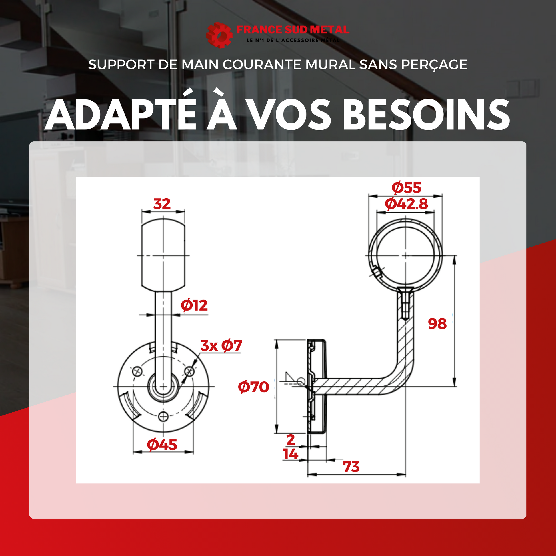 Support de main courante mural sans perçage INOX 304 brossé -4