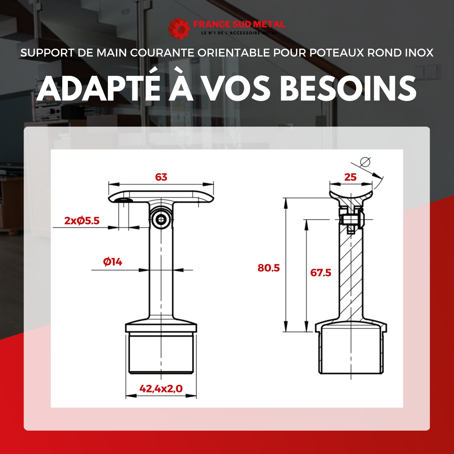 Support de main courante orientable pour poteaux rond inox -4